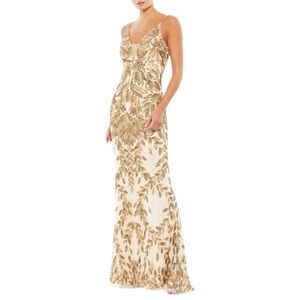 Mac Duggal Gold Beaded Leaf Gown Size 10 Champagne Nude Formal Evening Dress